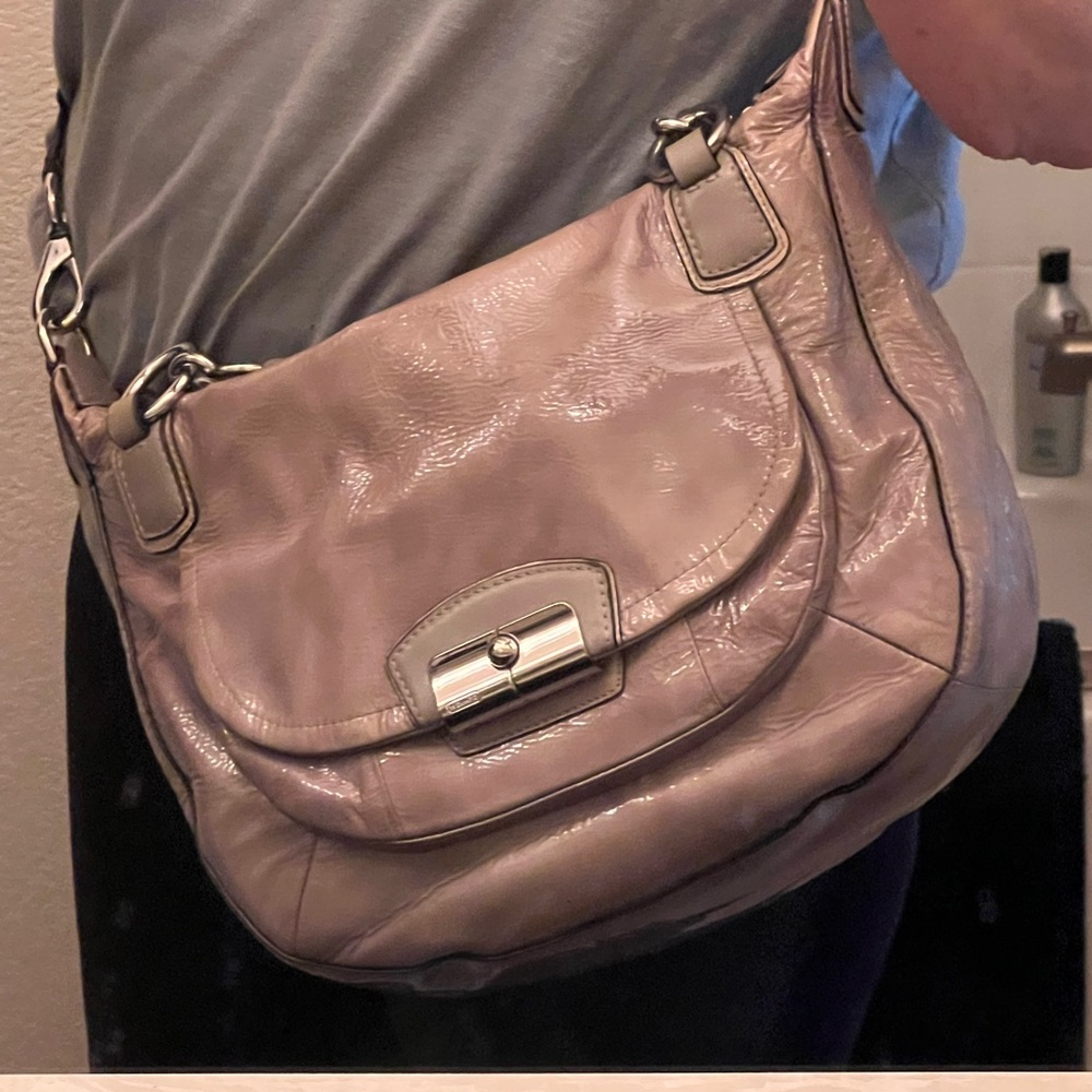 Coach Grey Kristin Patent Leather Handbag with free Coach silk Scarf